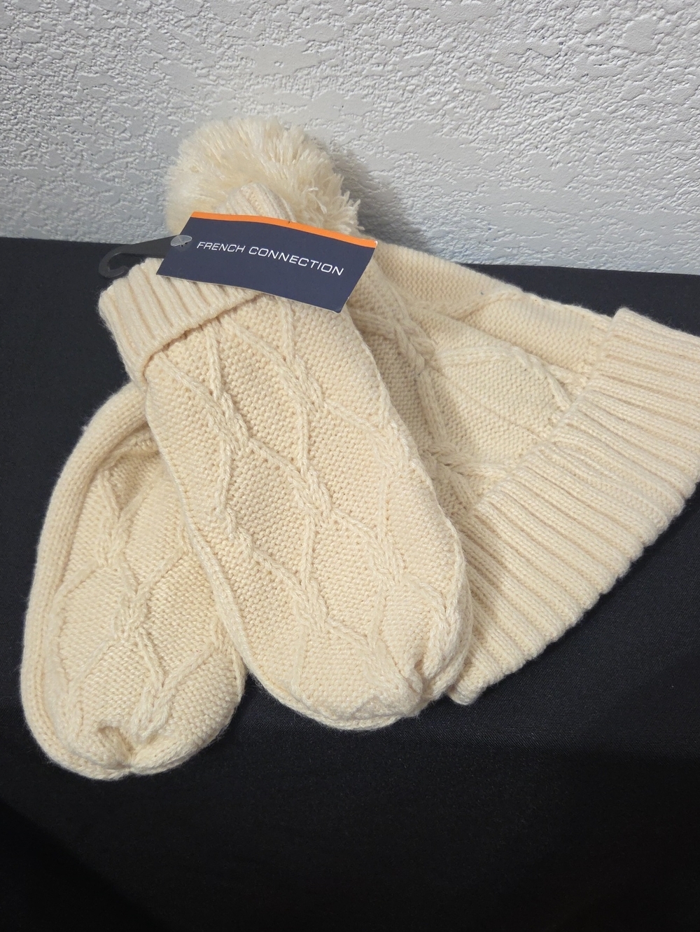 *French Connection Ivory Cable Knit Pom Hat & Mittens Set